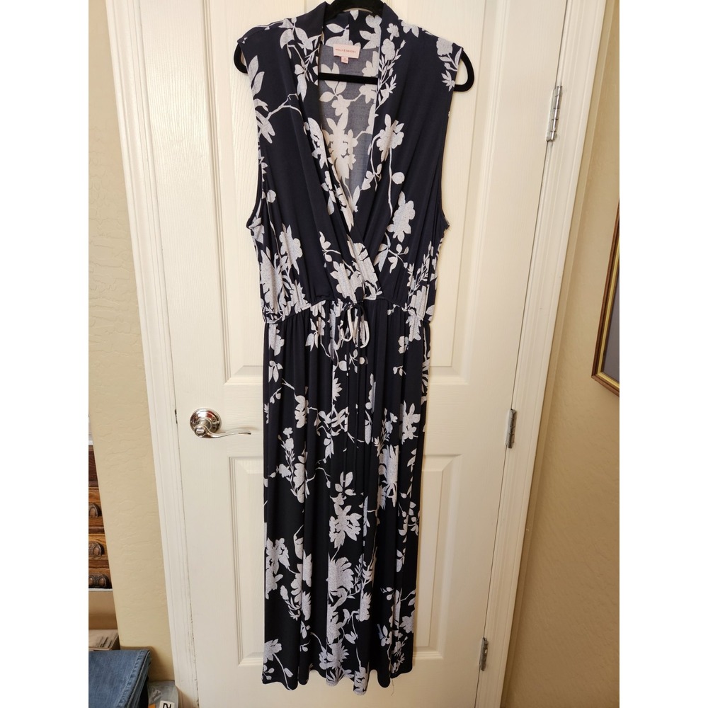 Molly Isadora Blue Sleeveless Floral V-Neck Elastic Waist w/Tie Maxi Dress, 3X